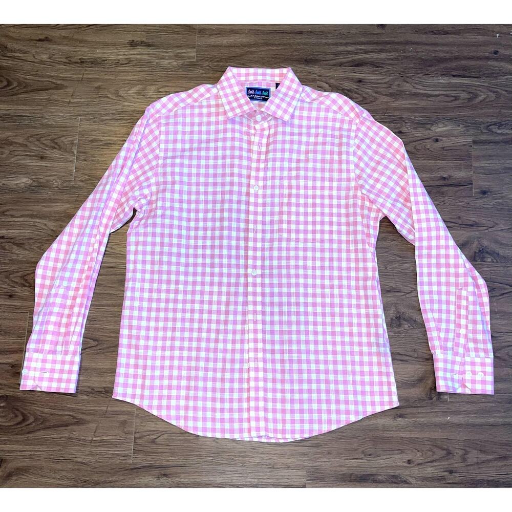 Charleston Threads Shirt‎ Mens Large Pink White Gingham Button Down Long Sleeve